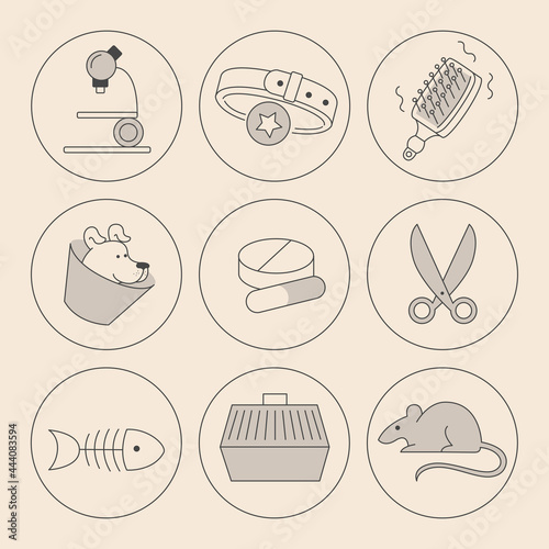 Set of minimalistic linear vector icons. Animals, pets, veterinary medicine, treatment and care. Grooming, medicine, food. Icons for a zoological shop or veterinary clinic.