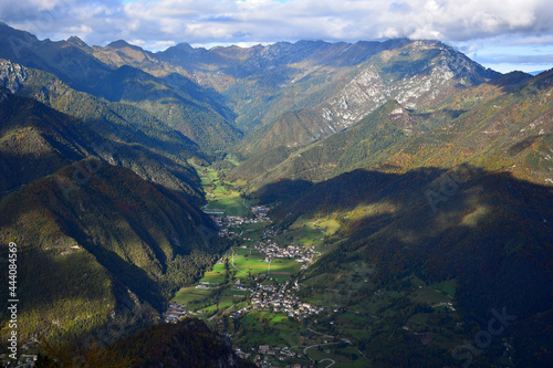 Some small towns near Lago di Ledro and their surrounding mountains. Fantastic view from Monte Corno. Trentino, Italy. photo