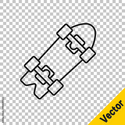 Black line Longboard or skateboard cruiser icon isolated on transparent background. Extreme sport. Sport equipment. Vector