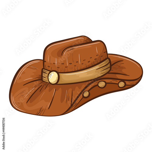 Simple isolated doodle sticker. Brown leather cowboy wide brim hat with plaque and badges. Wild west concept sticker.