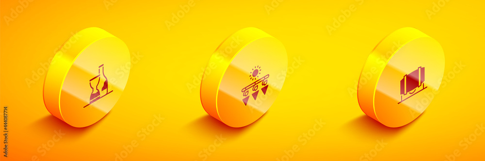 Set Isometric Bottle of wine, Drying grapes and Wooden barrel for icon. Vector
