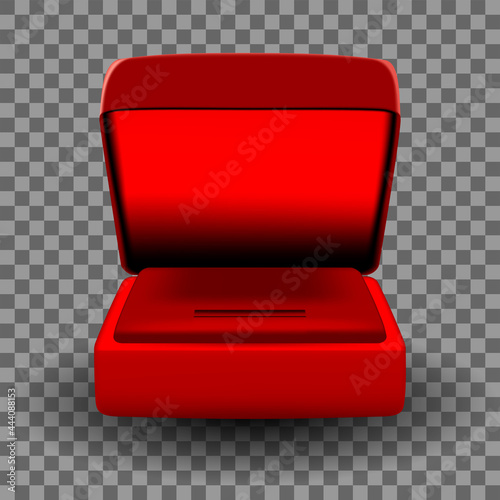 Vector. Realistic jewelry case made of red velvet on a checkered background. Design element for advertising and typographic products (brochures, banners, postcards, covers, flyers, packaging).