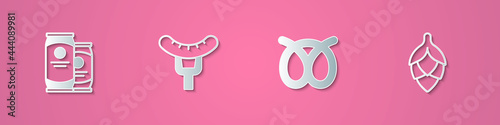 Set paper cut Beer can, Sausage on the fork, Pretzel and Hop icon. Paper art style. Vector
