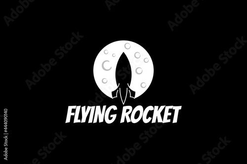 flying rocket and moon in space logo design.