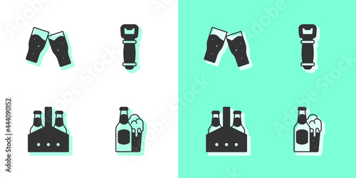 Set Beer bottle and glass, Glass of beer, Pack bottles and Bottle opener icon. Vector