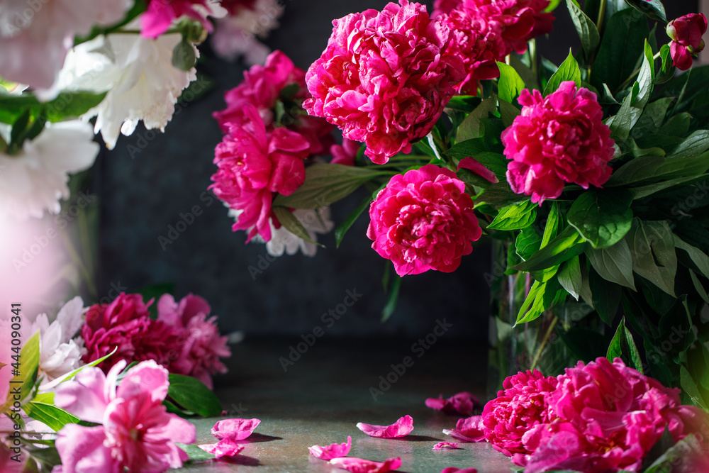 Pink peony flowers bouquet on rustic background with copy space. Women's day or wedding concept. Greeting card Pink peony flowers bouquet on rustic background with copy space. Women's day or wedding concept. Greeting card