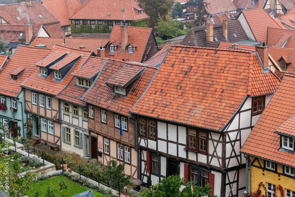 View on the old town of Quedlingburg with its half-timbered houses with red tiled roofs