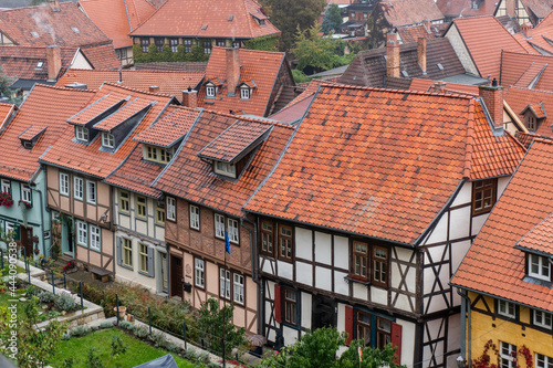 View on the old town of Quedlingburg with its half-timbered houses with red tiled roofs