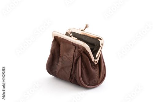 Brown open purse isolated on white background with clipping path