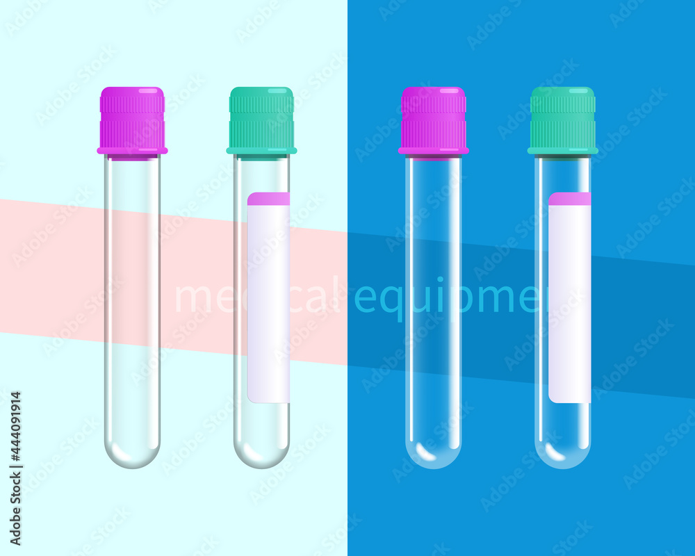 Vector illustration of transparent test tubes has purple and green caps, they are on light, and dark backgrounds. Medical equipment. Vector illustration of transparent test tubes has purple and green caps, they are on light, and dark backgrounds. Medical equipment.