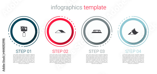 Set Action camera, Skate park, Skateboard stairs with rail and . Business infographic template. Vector