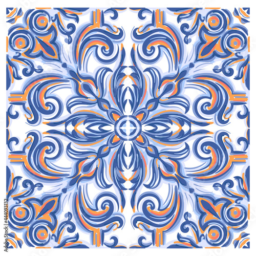 Azulejos Portuguese Dutch tile in shades of blue and yellow colors pattern. Baroque tiles. Vector Baroque. Rococo