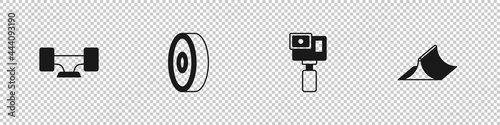 Set Skateboard wheel, ball bearing, Action camera and park icon. Vector