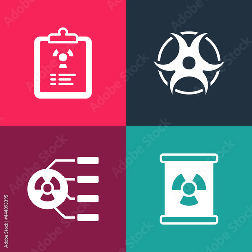 Set pop art Radioactive waste in barrel, , Biohazard symbol and Radiation warning document icon. Vector