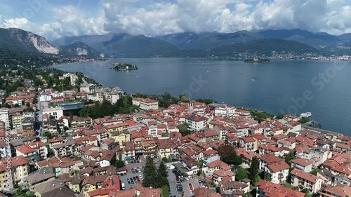 Aerial view of Stresa is a town and comune on the shores of Lake Maggiore in the province of Verbano-Cusio-Ossola in the Piedmont region of northern Italy Europe 4k high resolution quality footage photo
