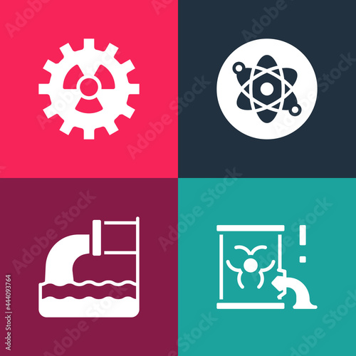 Set pop art Radioactive waste in barrel, Wastewater, Atom and icon. Vector