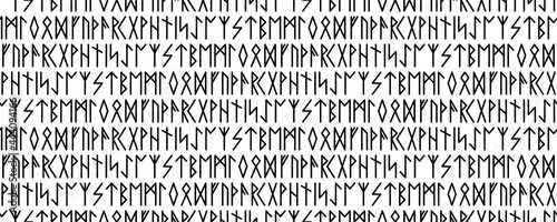 Ethnic Norwegian Icelandic seamless pattern. Runic talismans of the Vikings and northern peoples. Magic and magical runes. Pagan signs. Futhark repeatable background. Vector illustration.