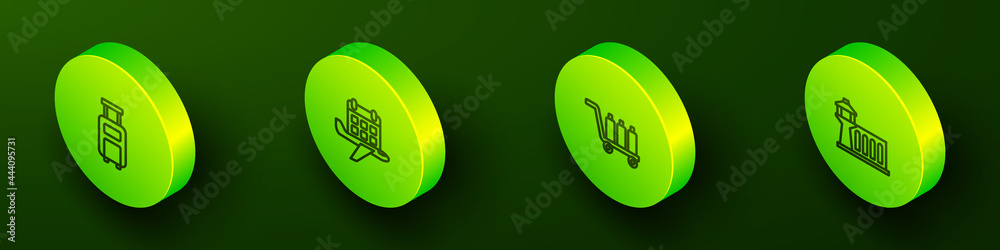Set Isometric line Suitcase, Calendar and airplane, Trolley baggage and Airport control tower icon. Vector Set Isometric line Suitcase, Calendar and airplane, Trolley baggage and Airport control tower icon. Vector