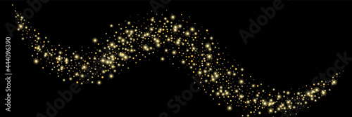 Gold glitter confetti on a black background. Shiny particles scattered, sand. Decorative element. Luxury background for your design, cards, invitations, vector