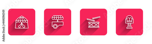 Set line Circus tent, Fast street food cart, Drum with drum sticks and Attraction carousel with long shadow. Red square button. Vector