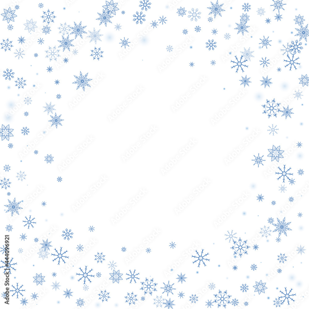 Blue delicate openwork snowflakes scatter on a white background. Festive background, postcard design, wallpaper Blue delicate openwork snowflakes scatter on a white background. Festive background, postcard design, wallpaper