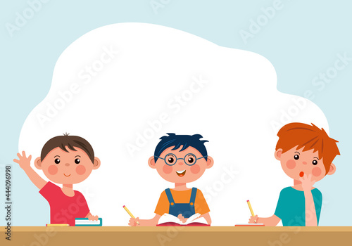 Students in the classroom reading and writing. Different emotions and funny characters of children. Vector illustration.