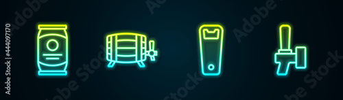 Set line Beer can, Wooden barrel, Bottle opener and tap. Glowing neon icon. Vector