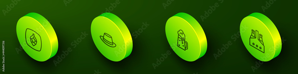Set Isometric line Hop, Oktoberfest hat, Wooden beer mug and Pack of bottles icon. Vector Set Isometric line Hop, Oktoberfest hat, Wooden beer mug and Pack of bottles icon. Vector