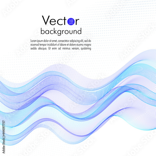 Flowing bright blue waves. Line art pattern, dynamic fluid. Abstract squiggle thin curves. Transparent net, veil texture. White background. Vector template design for brochure, book cover. EPS10