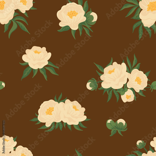 Floral vector seamless pattern with blooming peony flowers  buds  bouquet  garland  leaves. Vintage hand drawn background for decoration  wrapping  textile  fabric.