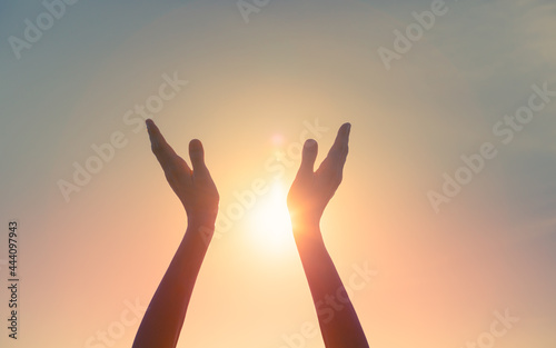 Hands reaching out to the sun. Happiness and freedom in nature 