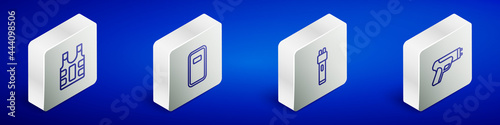 Set Isometric line Bulletproof vest, Police assault shield, electric shocker and icon. Vector