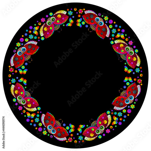 Design ornament for round product, bright flowers and ladybugs in the style of stained glass on a dark background
