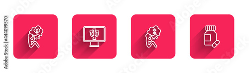 Set line Broken heart or divorce, Psychologist online, Man graves funeral sorrow and Sedative pills with long shadow. Red square button. Vector