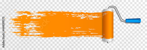 Artistic paint roller. Construction roller with orange paint png. Paint mark.