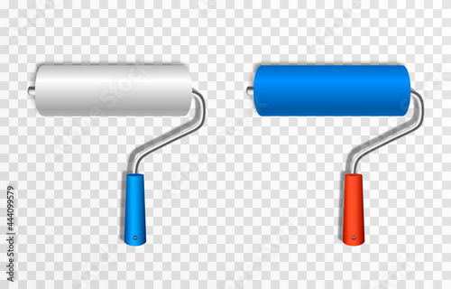 Artistic paint roller. Construction roller with blue paint png. Roller for paint, drawing, construction.