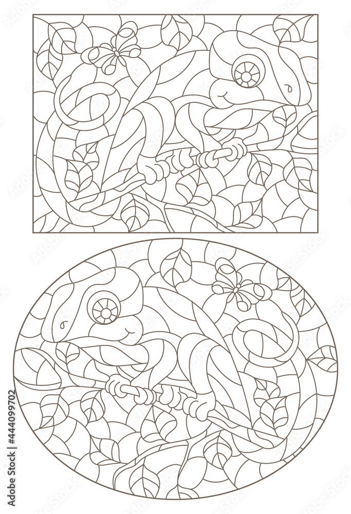 A set of contour illustrations in the style of stained glass with abstract chameleons, dark contours on a white background A set of contour illustrations in the style of stained glass with abstract chameleons, dark contours on a white background