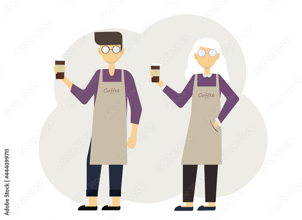 Illustration of two baristas man and woman with glasses of coffee and in uniform with aprons