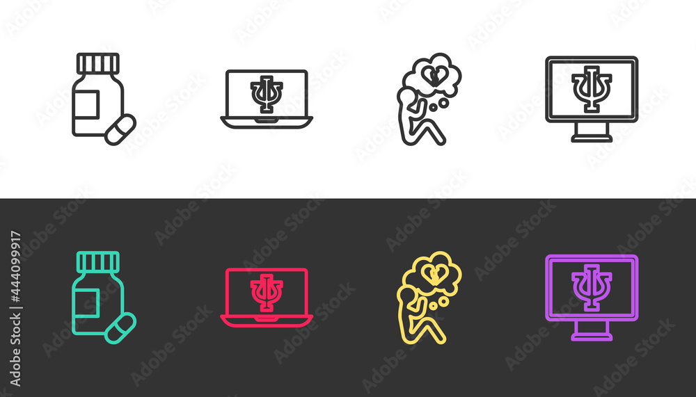 Set line Sedative pills, Psychologist online, Broken heart or divorce and on black and white. Vector Set line Sedative pills, Psychologist online, Broken heart or divorce and on black and white. Vector