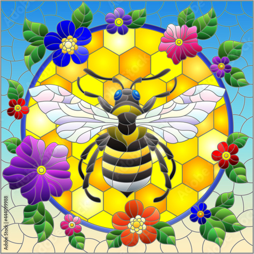 Illustration in the style of a stained glass window with a bee in a circle on a background of honeycombs and bright flowers, rectangular image