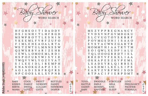 Set of Baby shower word search puzzles. Logic games. Party card.   Activities ideas supplies. 