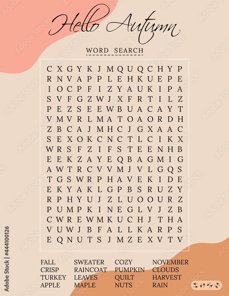 Vecteur Stock Hello Autumn word search puzzle for children or adults.  Crossword game for learning English words fun. Suitable for social media  post. Educational worksheet. | Adobe Stock
