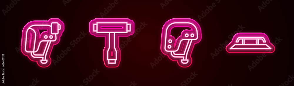 Set line Skateboard helmet, T tool, and stairs with rail. Glowing neon icon. Vector Set line Skateboard helmet, T tool, and stairs with rail. Glowing neon icon. Vector
