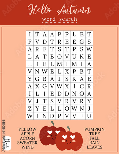 Hello Autumn word search.  Logic game for learning English words. Holiday festive crossword. Printable activity worksheet. 