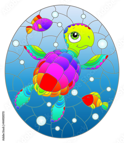 Illustration in the style of stained glass with bright cartoon turtle on the background of the sea floor  fish and water  oval image
