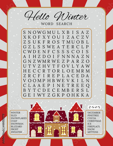 Hello Winter word search puzzle. Educational game for children. Worksheet for learning English  words about Chrismas holidays. Printable page. Suitable for social media post. New Year party card. 