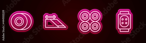 Set line Skateboard wheel, park, and Knee pads. Glowing neon icon. Vector
