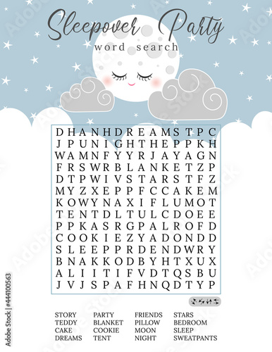 Sleepover party word search puzzle. Printable page for pajama party. Crossword game for learning English words. Educational keyword activity. Party card. Cute moon and clouds. 