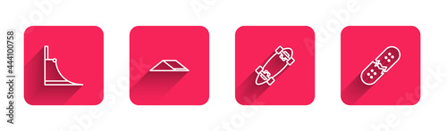 Set line Skate park, , Longboard or skateboard and Broken deck with long shadow. Red square button. Vector