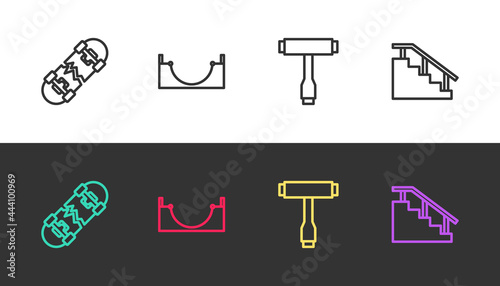 Set line Broken skateboard, Skate park, Skateboard T tool and stairs with rail on black and white. Vector